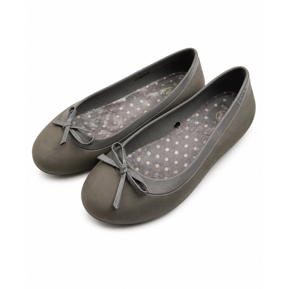 Crocs Mammoth Gray Bow Polka Dot Leather Slip On Flats Women's Size 9